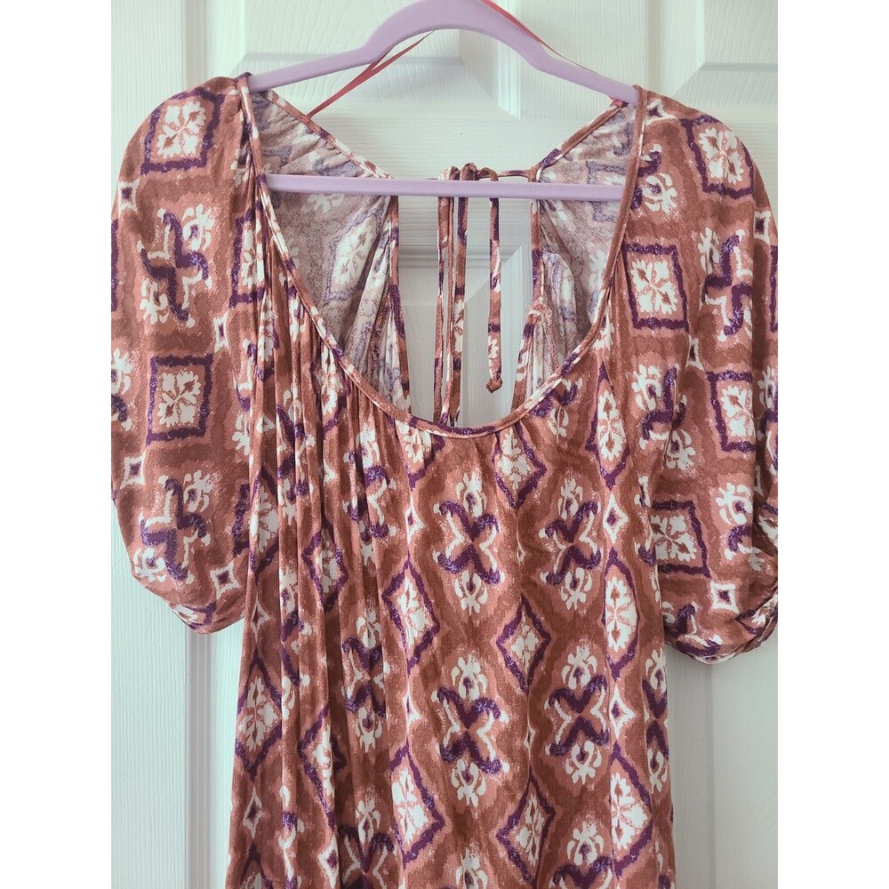 New Knox Rose Puff Sleeve Midi Dress Sz XL Cognac Ikkat  Back Tie Cottage Core